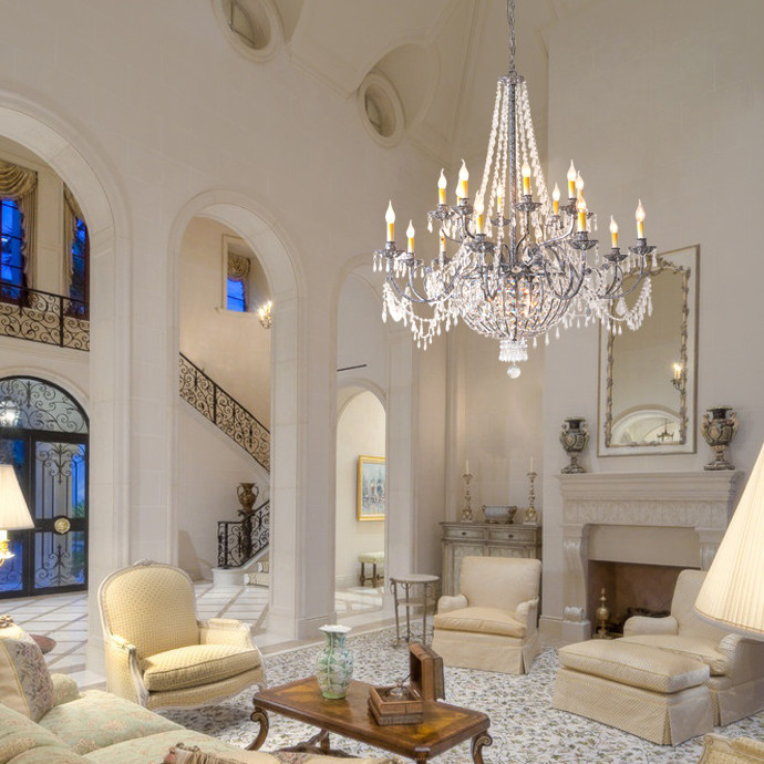 美式别墅大厅水晶吊灯复古欧式复式楼挑空客厅客厅吊灯