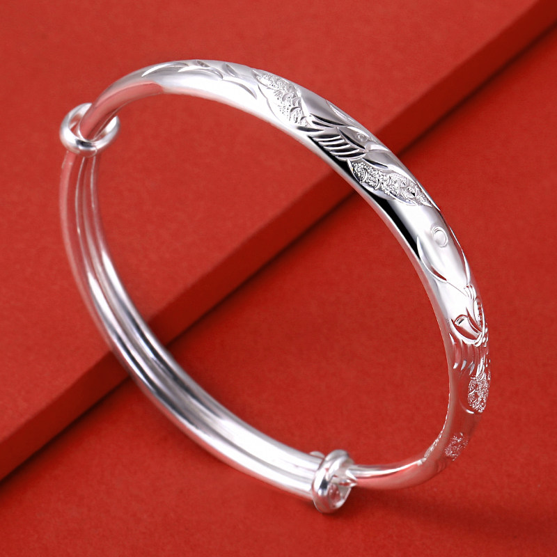 梦祥银s990足银龙凤戏珠宽净面手手镯纯银推拉拉可手镯