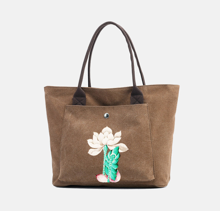 女包禅意单肩中国国风民族风莲花纯棉帆布包手工女士包袋