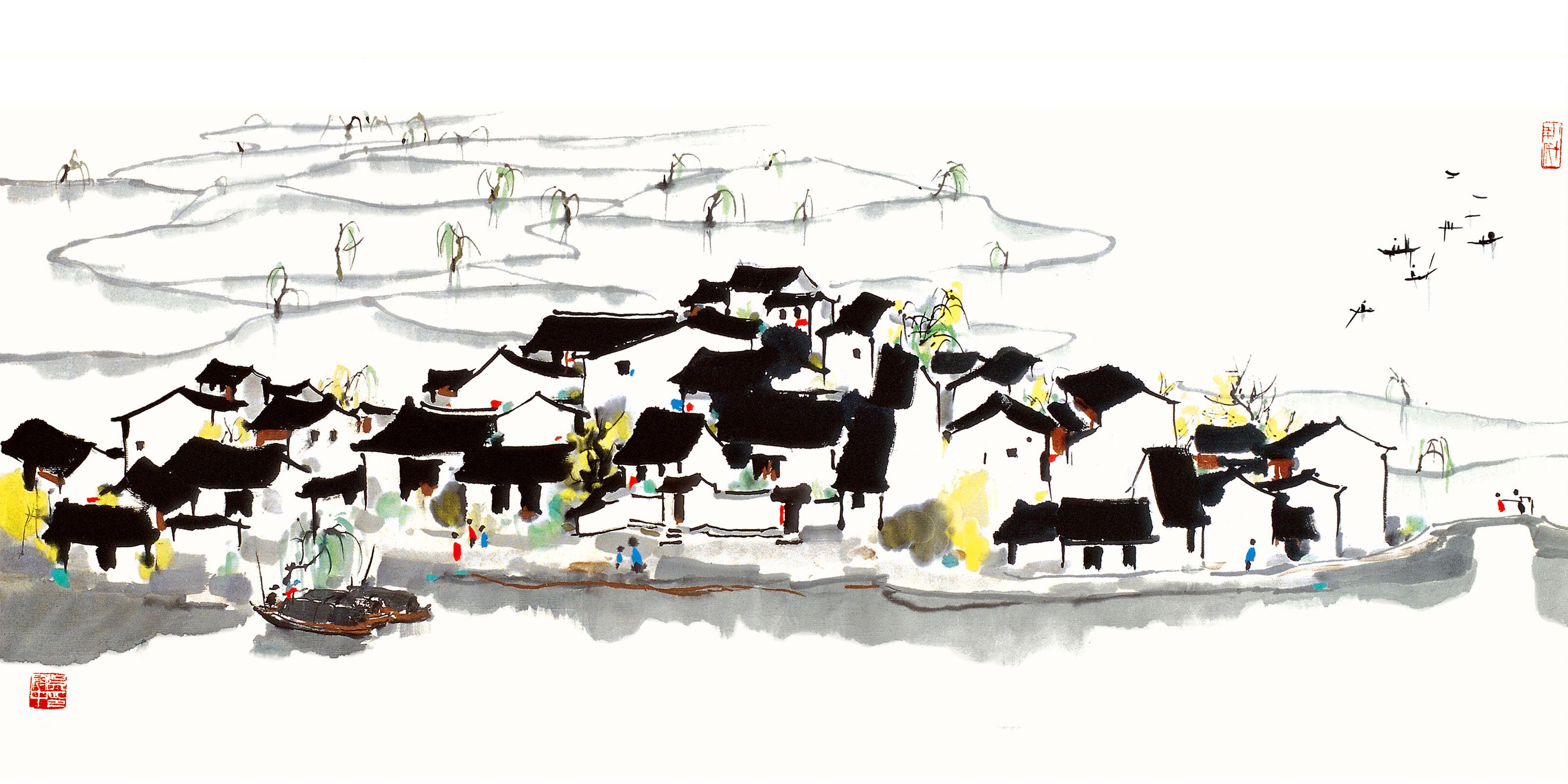 吴冠中聚财玄关挂画中式新中式绍兴装饰画客厅字画现代装饰画