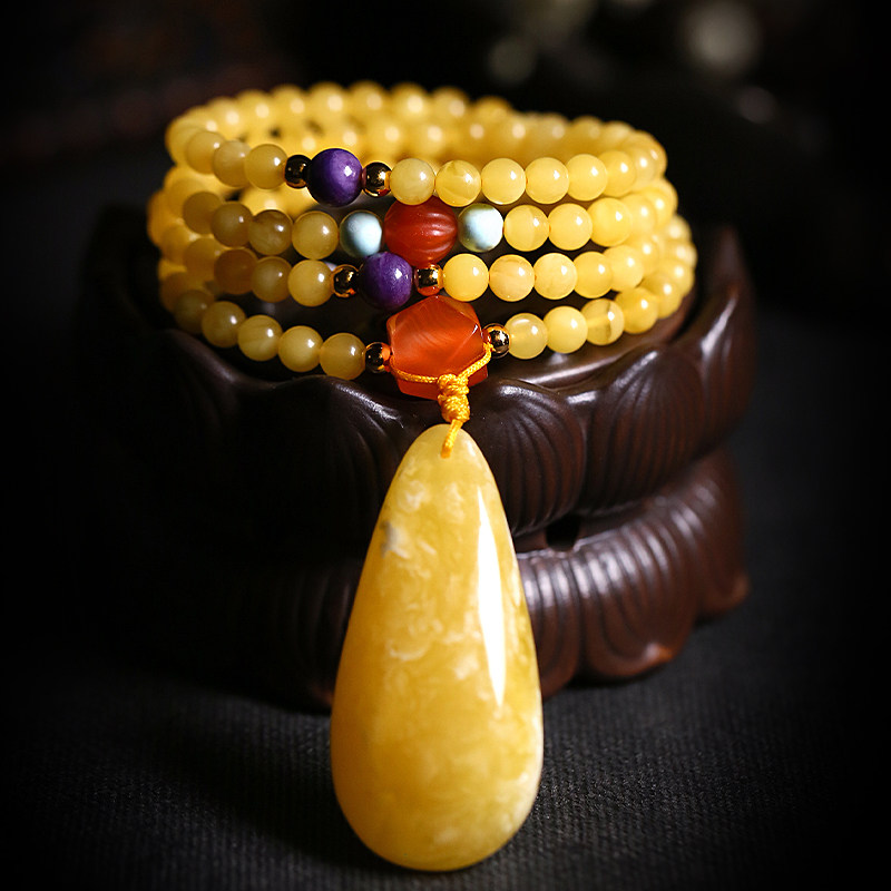 福果地天然蜜蜡项链水滴吊坠佛珠长款波罗的海正品佛珠