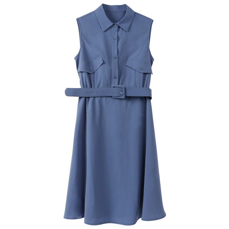 baymay无袖连衣裙女夏2019新款韩版polo领百搭收腰中长款纯色裙子