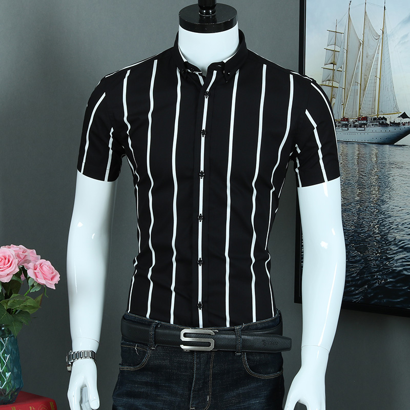 夏季黑白条纹衬衫男短袖纯棉修身商务休闲潮流半袖衬衣男韩版帅气