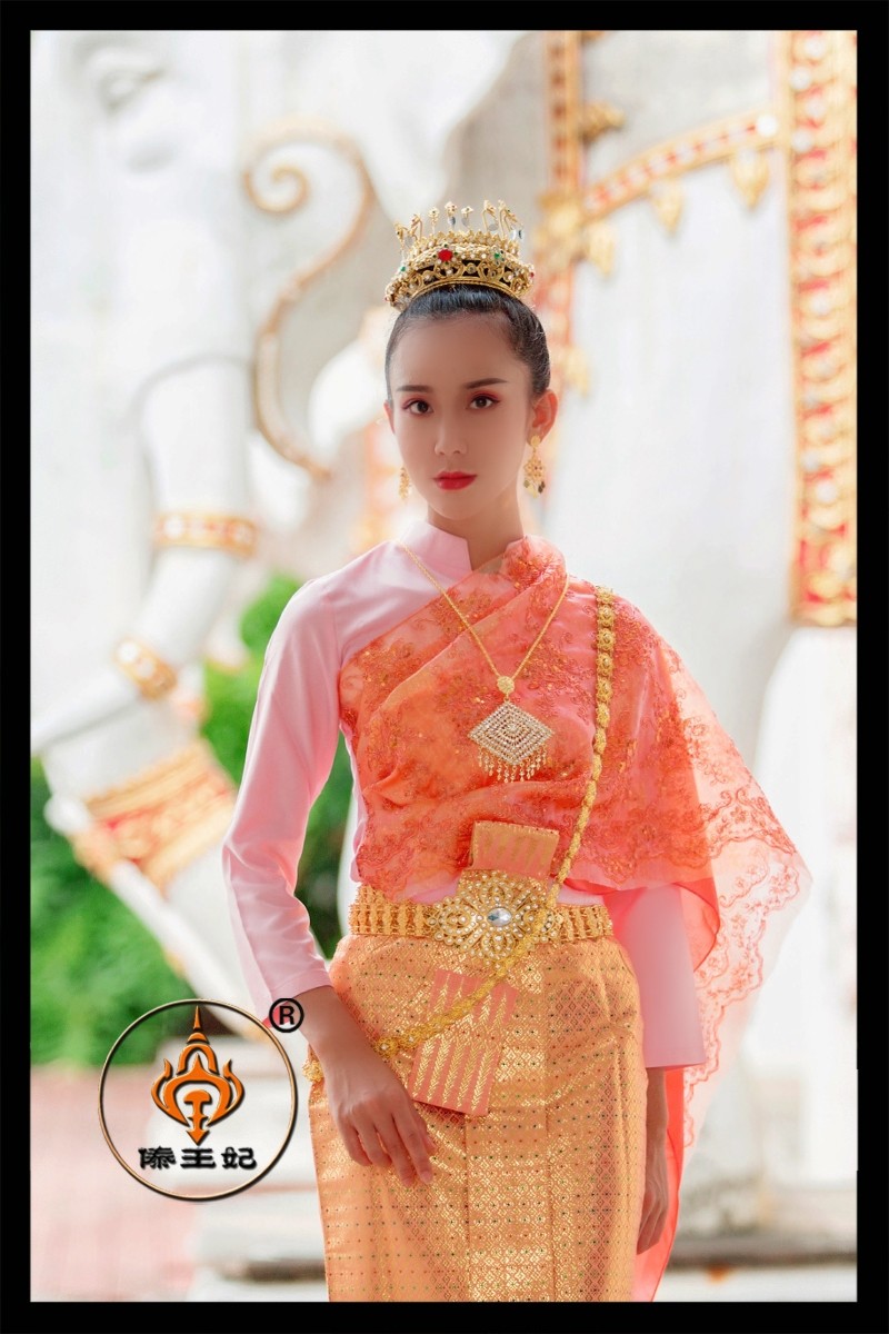 傣王妃服饰泰国传统女装装有披纱粉色秋季立领民族服装