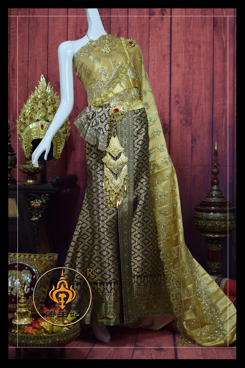 泰国泰式晚礼服咖色拖尾节目主持影楼礼服