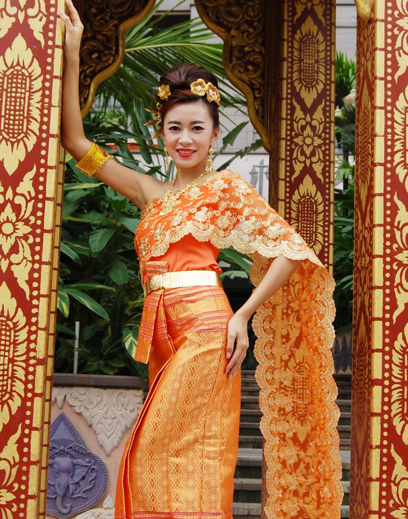 傣族服装泰国传统女装桔色无袖单肩披巾迎宾民族服装