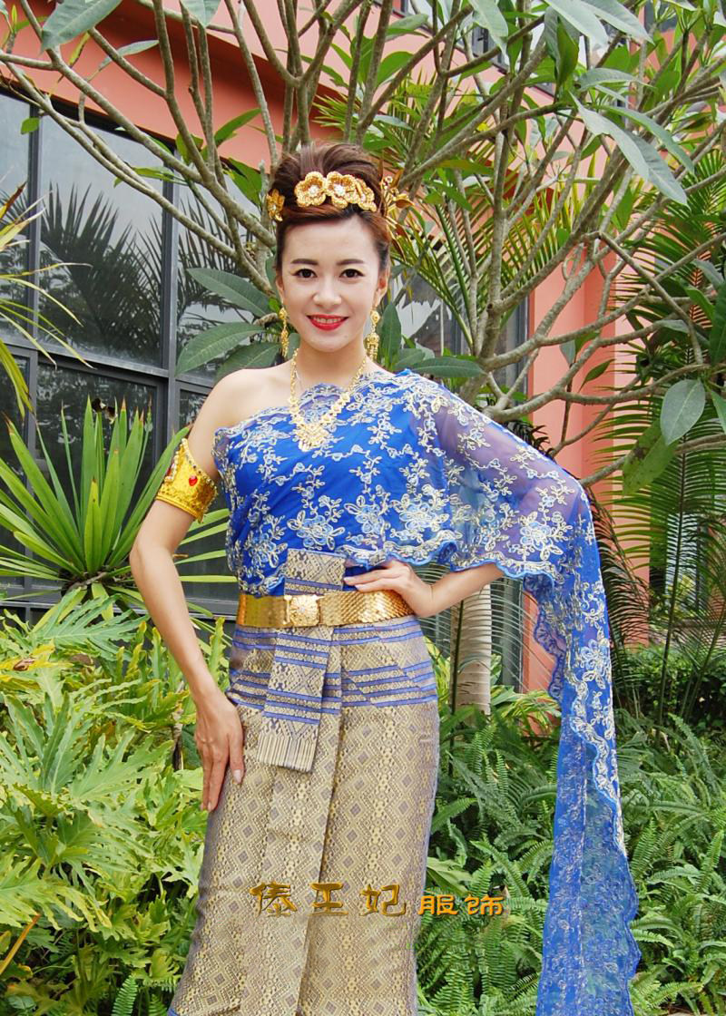 傣王妃傣族女泰国传统服女宝蓝色含披纱无袖单肩迎宾服泼水节服装