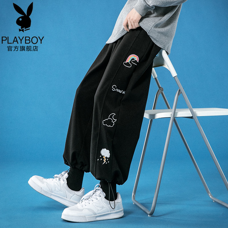 花花公子裤子男士2021新款秋冬季加绒宽松束脚卫裤男裤休闲长裤潮