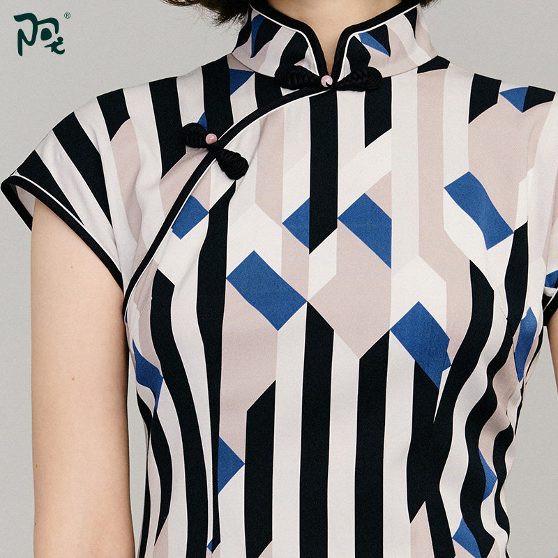 阿尤原创女装2021春夏新品中长款条纹旗袍裙斜襟长旗袍a202w20050