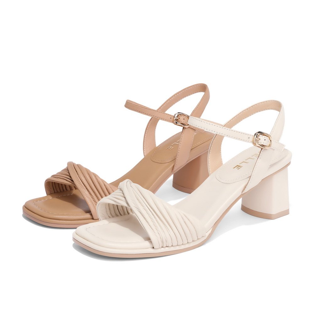 百丽官旗一字带粗跟凉鞋女高跟鞋