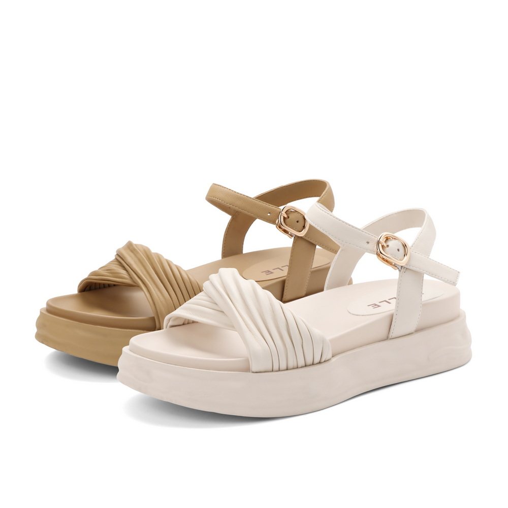 百丽官旗一字带真皮溶解厚底沙滩凉鞋