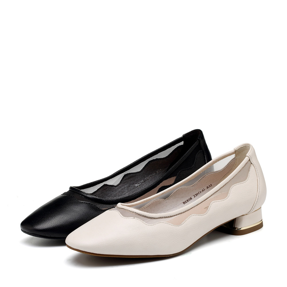 百丽单鞋春新商场同款网布浅口粗低跟休闲女鞋bsx08aq8