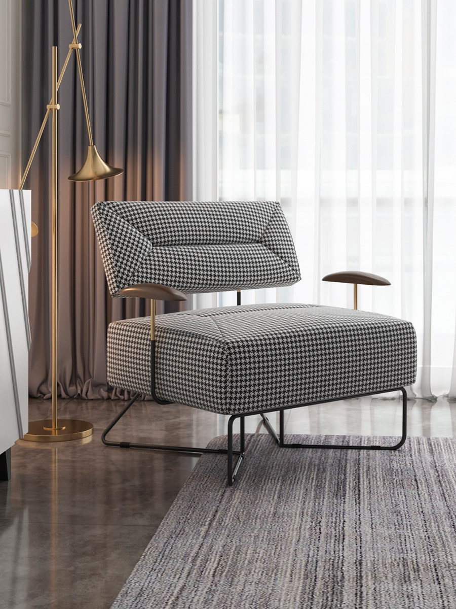 北欧懒人单人沙发椅子轻奢千鸟格布艺沙发客厅胡桃木懒人沙发