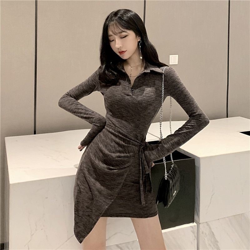 春秋新款法式性感收腰气质女装紧身显瘦打底连衣裙