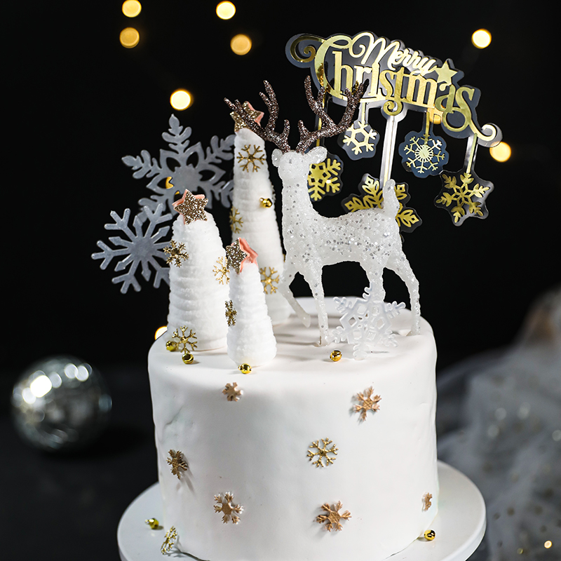 圣诞烘焙蛋糕装饰梦幻粉金白金绒绒松树摆件节日装扮用品