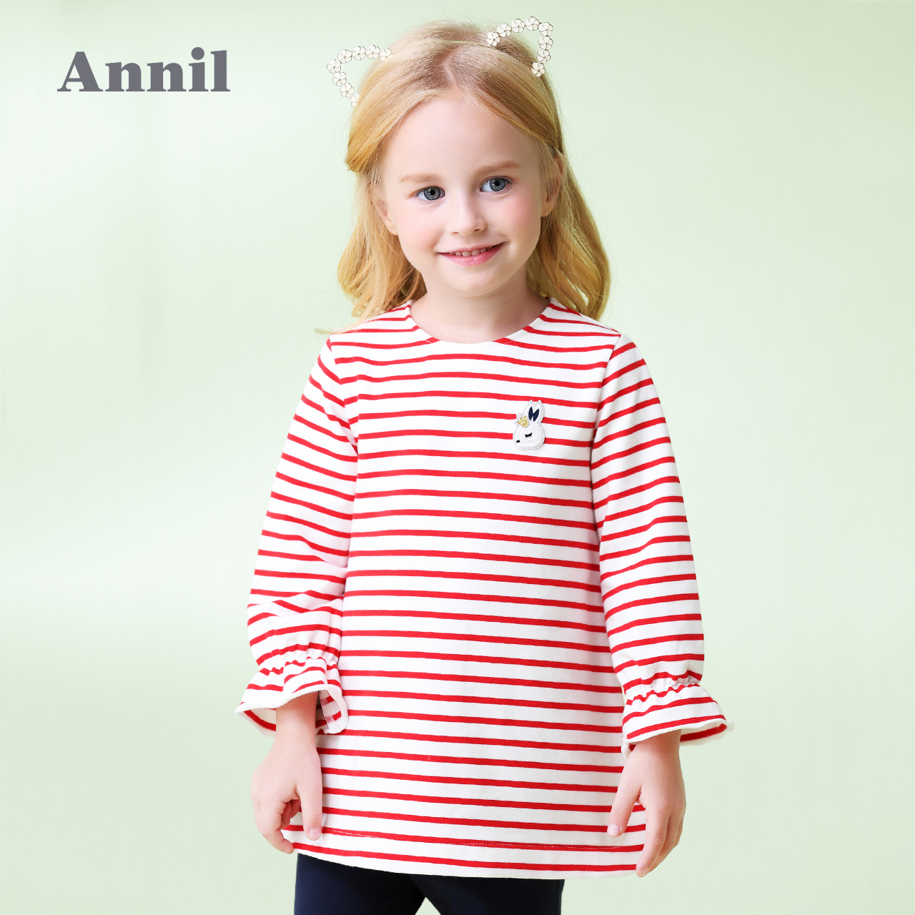 安奈儿童装小童长款圆领长袖款裙洋气条纹上衣t恤