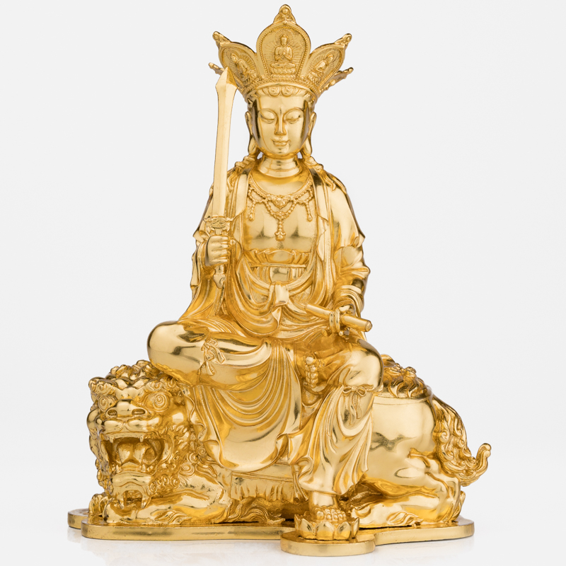 台湾盛凡文殊菩萨佛像贴金拿剑文殊普萨华严三摆件