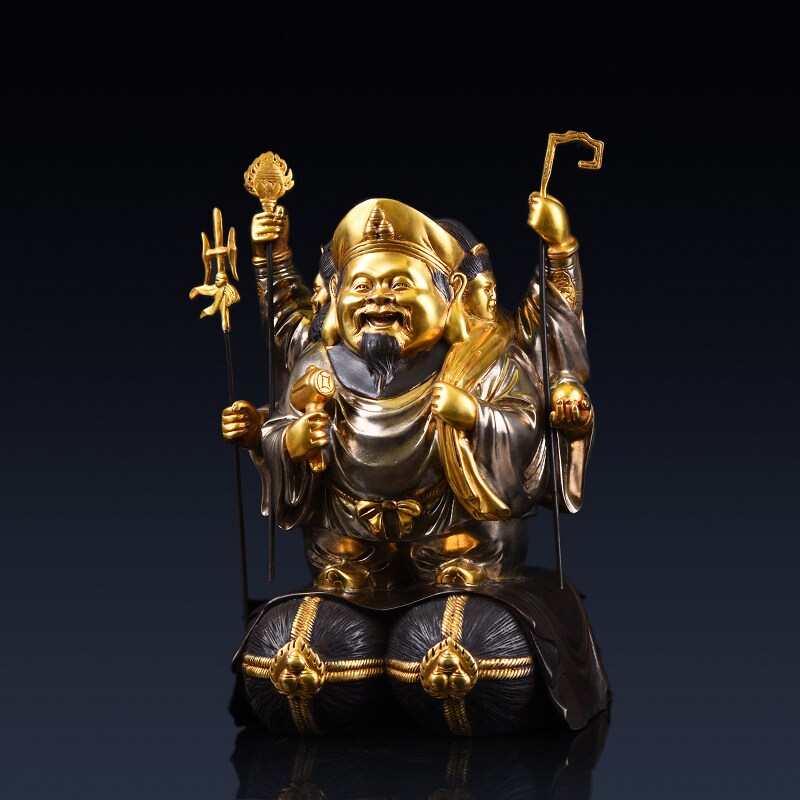 大黑盛凡黑天财神黄铜鎏金三面天财神像八运摆件
