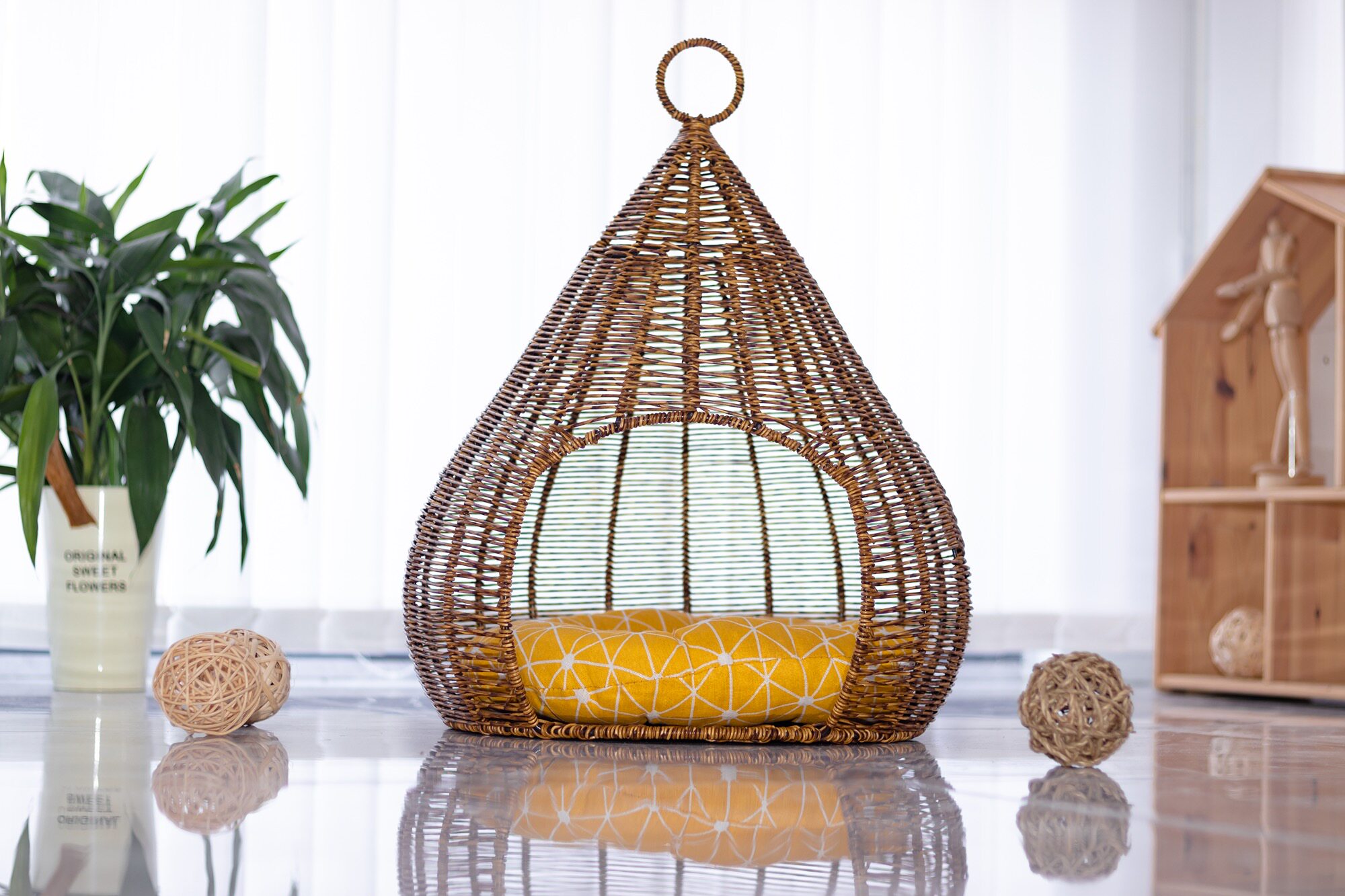 藤编手工编织猫狗宠物透气环保四季可用冲洗猫窝