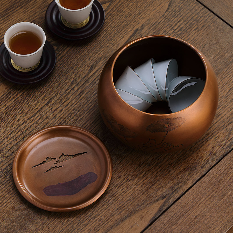 镶银纯铜茶洗笔建水茶钵紫铜带盖水盂干泡茶盘茶道