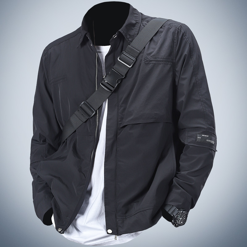 季言黑色翻领男士夹克2022新款潮流 高级感外套男痞帅防风风衣男