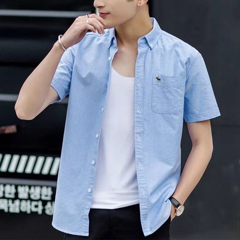 美国Abercrombie＆Fitch AF短袖衬衫男纯棉商务衬衣修身夏季男装