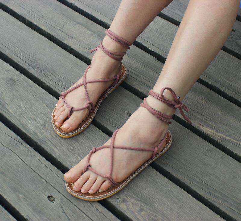 罗马系带手工棕丝凉鞋防滑牛筋平底透气吸汗时装凉鞋