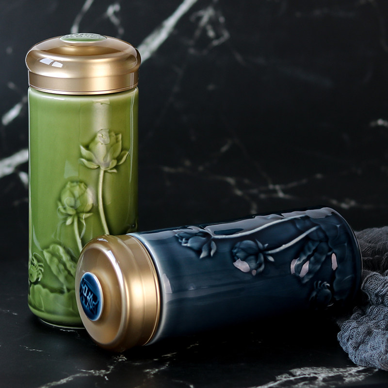 陶瓷乾唐轩活瓷瓷杯和谐清心福莲双层随身随行随手杯