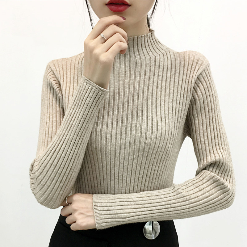 2019秋冬款韩版女套头紧身针织衫女长袖修身时尚半高领打底衫毛衣