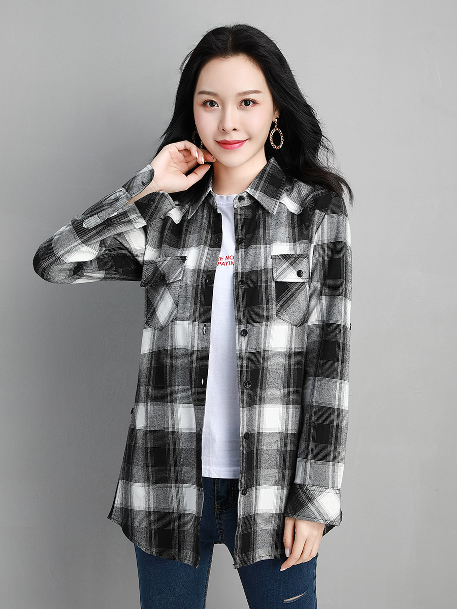 2020春夏新款格子衬衫女长袖韩版修身百搭休闲纯棉上衣防晒外套