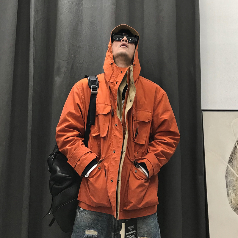 徐太浪美式工装夹克男士潮流韩版春秋休闲痞帅橘色外套连帽冲锋衣