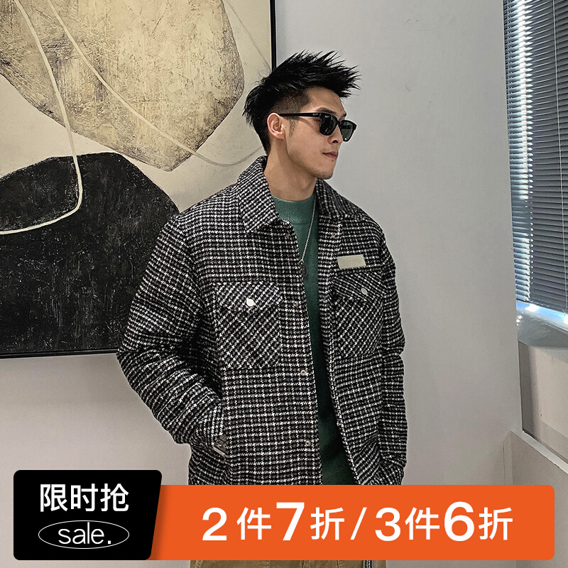 徐太浪格子羽绒服男潮千鸟格轻便外套痞帅潮牌美式冬季无帽防寒服