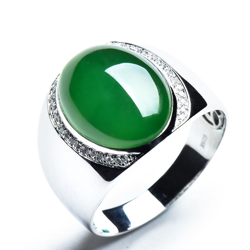 绿翠翠玉楼碧玉戒指男款和田玉蛋面白18k金镶玉手饰