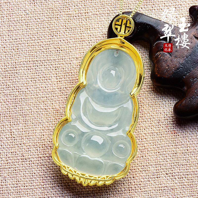 绿翠翠玉楼天然翡翠吊坠玉观音挂坠白冰18k黄金金镶玉颈饰