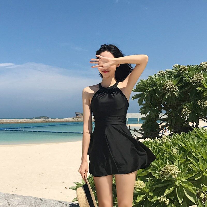 2021新款裙式连体泳衣女遮肚显性感黑色小胸连体泳衣