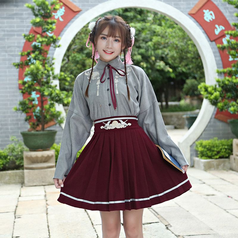 包邮改良汉服两件套装刺绣交领长袖学生校服