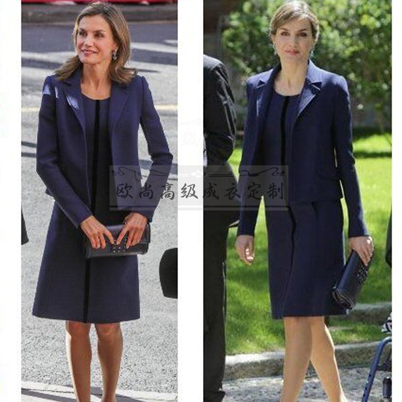 高端私人定制西班牙王后同款藏蓝蓝色羊毛西装时尚套装