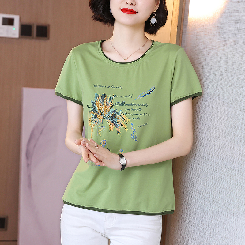 短袖t恤女夏装2022年新款绣花显瘦绣花大码纯棉40岁中年全棉体桖