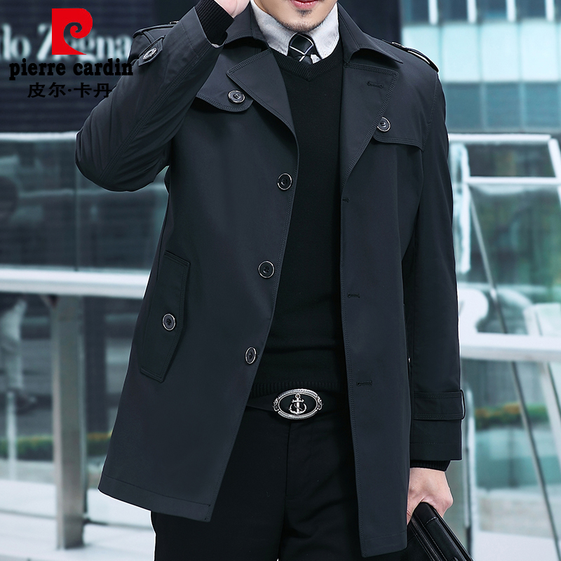 皮尔卡丹春秋季新款风衣男士中长款翻领商务休闲中年简约百搭外套