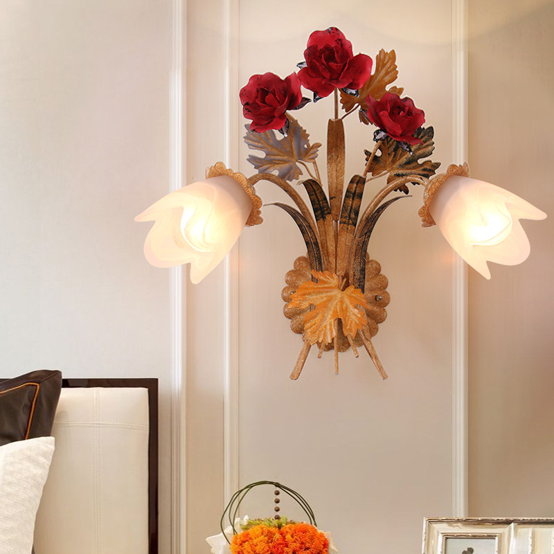 壁灯美苑田园花草客厅铁艺花灯大红玫瑰花婚庆壁灯