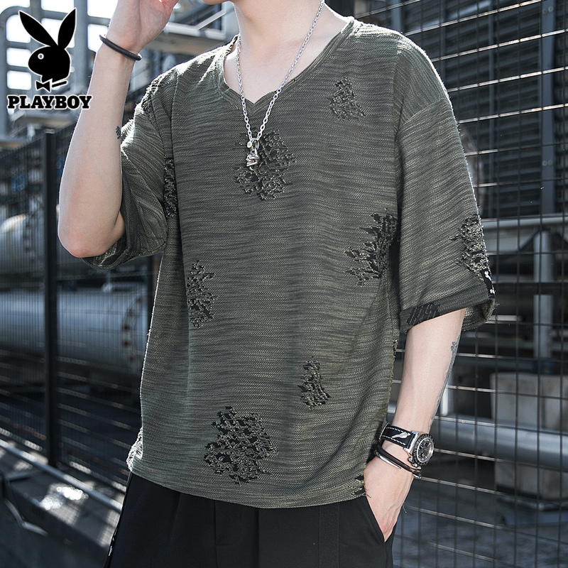 花花公子冰丝短袖t恤男士夏季薄款v领镂空衣服潮流宽松半袖体恤男