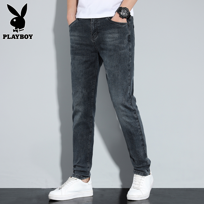 花花公子牛仔裤男士夏季薄款修身小脚弹力长裤新款潮牌休闲裤子男