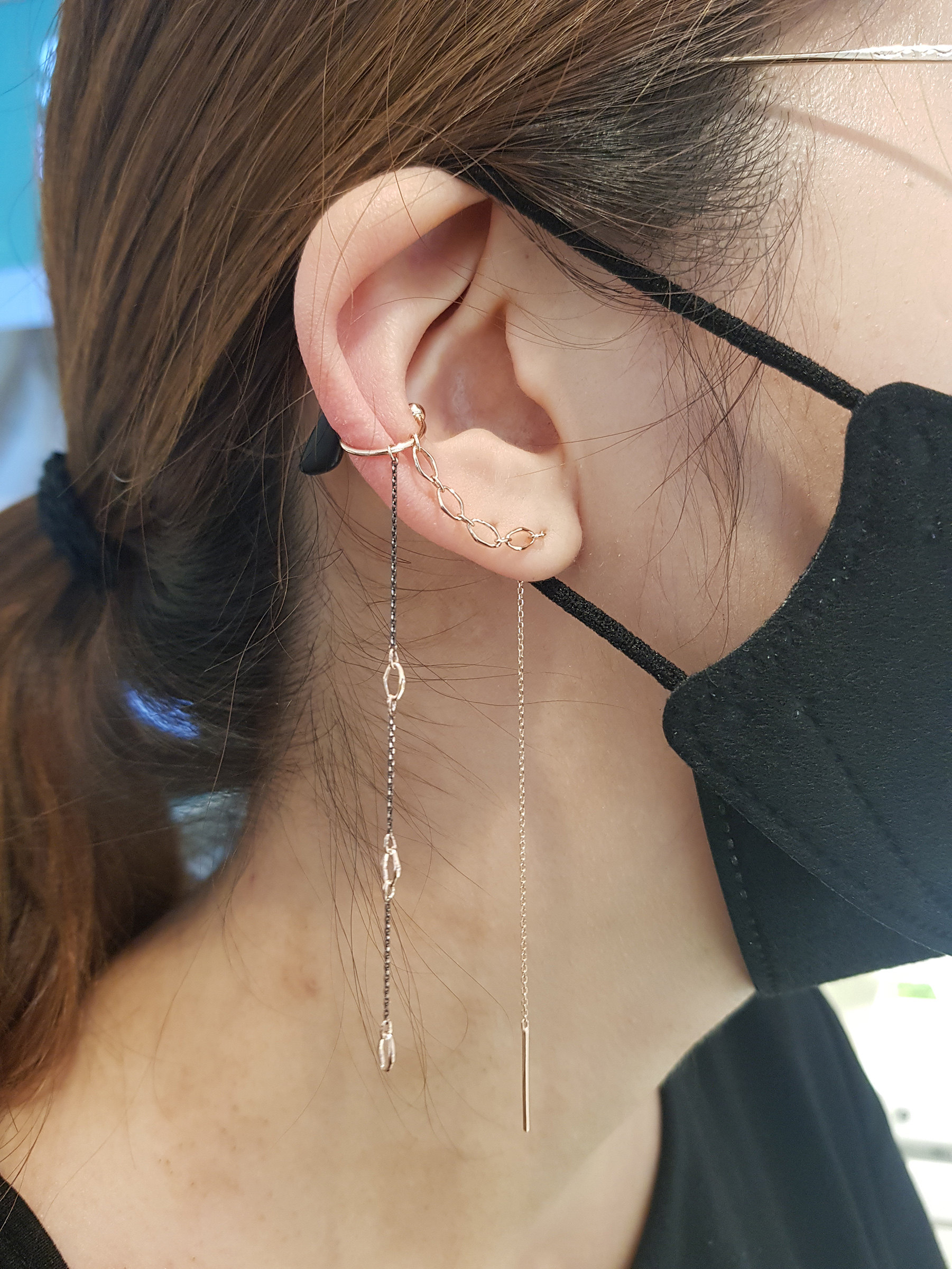 免税代购didierdubot玫瑰镀黑3way流苏单侧耳骨耳钉