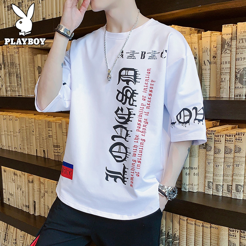 花花公子港风t恤男短袖潮牌印花宽松半袖体恤ins潮流百搭男士上衣