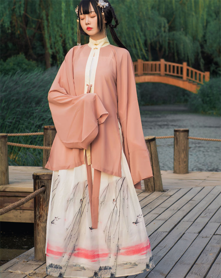 爱莲说原创汉服女装对襟明制立领长袄印花雪纺汉服半身裙