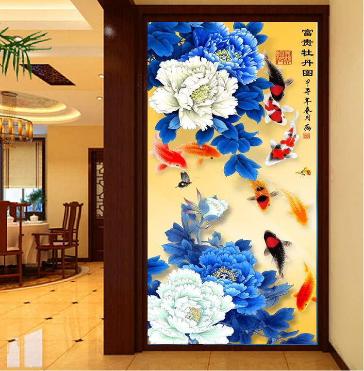 线绣印花十字绣走廊玄关竖版蓝牡丹花开富贵九鱼十字绣富贵十字绣套件
