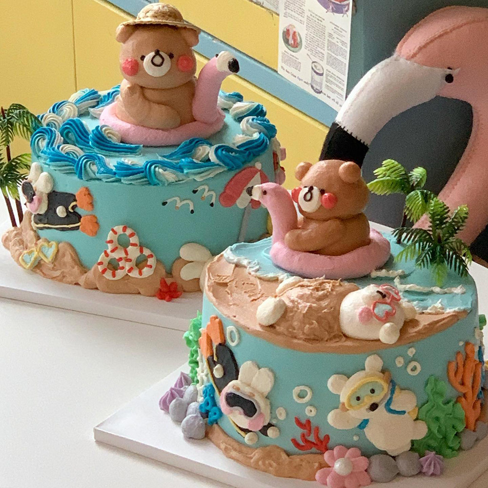 韩国复古夏日奶油小熊草帽蛋糕迷你摆件配件节日装扮用品