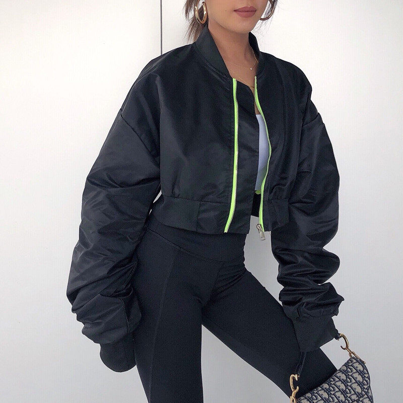 欧美廓形短款ma1飞行员夹克女超长袖荧光绿拼色短外套