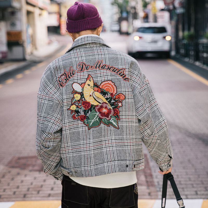 gxgjeans男装2022春季新款外套男时尚格纹刺绣翻领短款休闲呢夹克