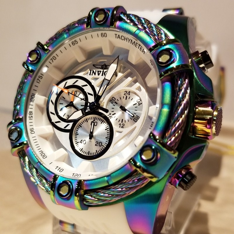 Invicta时尚镭射彩色大表盘三眼计时白色硅胶运动男女手表25530